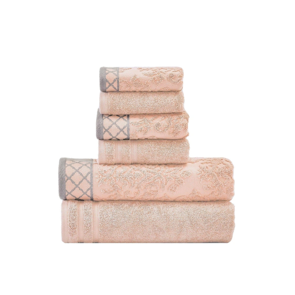 Noa Towel Set | 6 Piece | Egyptian Cotton | Damask Trim | Pink
