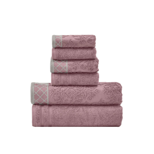 Noa 6 Piece Soft Egyptian Cotton Towel Set, Solid Damask Pattern, Purple By Casagear Home