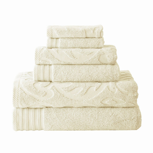 Oya 6 Piece Soft Egyptian Cotton Towel Set, Solid Medallion Pattern, Ivory By Casagear Home