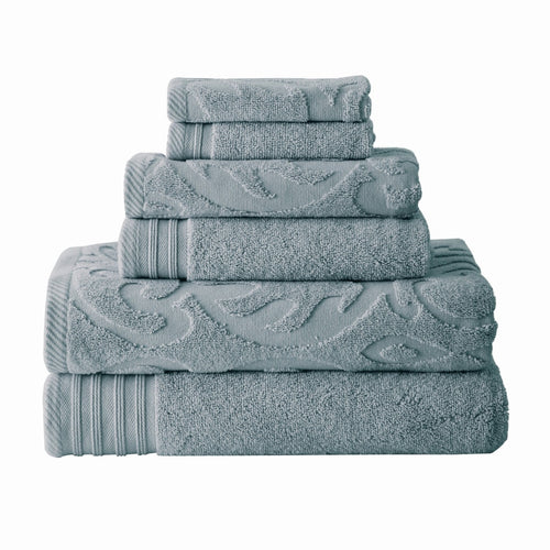 Oya Towel Set | 6 Piece | Egyptian Cotton | Medallion Pattern | Blue Gray