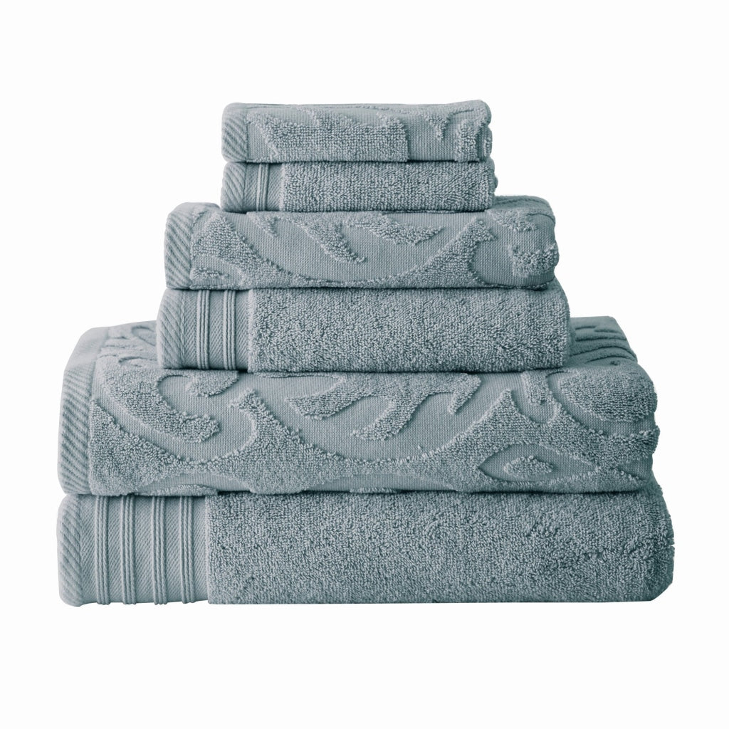 Oya 6 Piece Soft Egyptian Cotton Towel Set, Medallion Pattern, Blue Gray By Casagear Home
