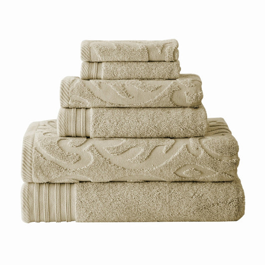 Oya 6 Piece Soft Egyptian Cotton Towel Set, Solid Medallion Pattern, Beige By Casagear Home