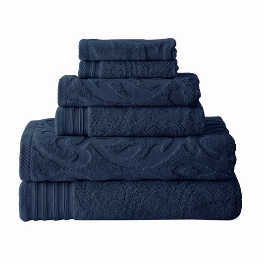 Oya 6 Piece Soft Egyptian Cotton Towel Set, Medallion Pattern, Navy Blue By Casagear Home