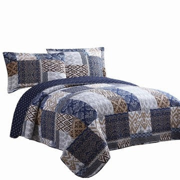 Mai 3 Piece Queen Size Cotton Quilt Set, Patchwork, Reversible, Blue, Rust By Casagear Home