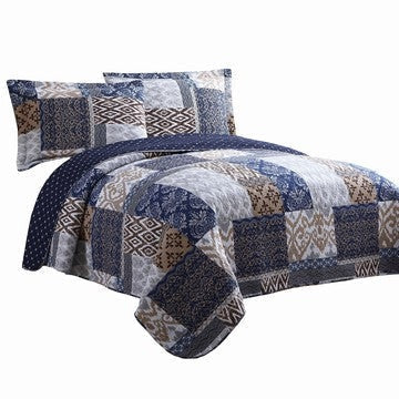 Mai Quilt Set | 3 Piece King | Patchwork Reversible | Blue Rust Brown