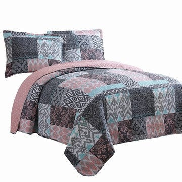 Mai Quilt Set | 3 Piece King | Damask Patchwork Reversible | Blue