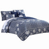 Ann 6 Piece Queen Size Polyester Quilt Set, Flowers, Reversible, Navy Blue By Casagear Home