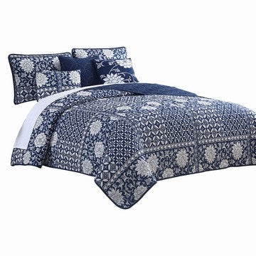 Ann 6 Piece King Size Polyester Quilt Set, Flowers, Reversible, Navy Blue By Casagear Home