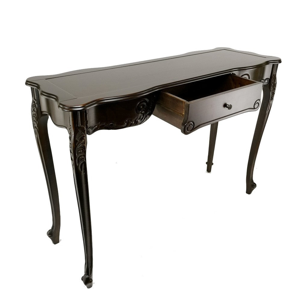Troy 32 Inch Classic Wood Console Table 1 Drawer Floral Cared Brown By Casagear Home BM284648