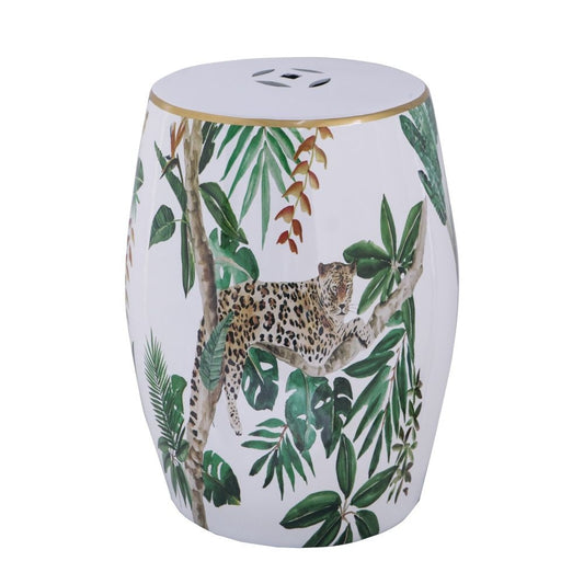18 Inch Ceramic Accent Table, Drum Shape, Tropical Print, White, Green By Casagear Home