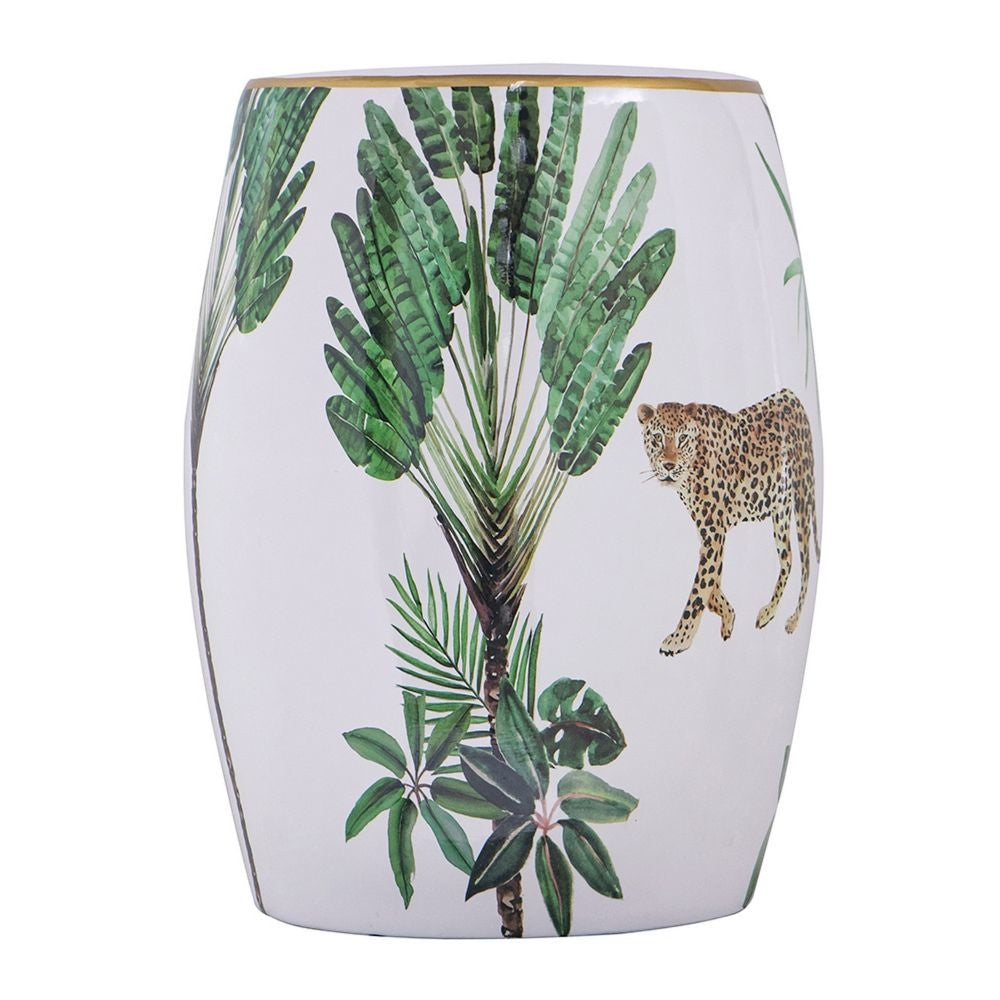 18 Inch Ceramic Accent Table Drum Shape Tropical Print White Green By Casagear Home BM284698