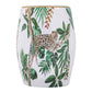 18 Inch Ceramic Accent Table Drum Shape Tropical Print White Green By Casagear Home BM284698