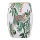 18 Inch Ceramic Accent Table Drum Shape Tropical Print White Green By Casagear Home BM284698