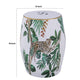 18 Inch Ceramic Accent Table Drum Shape Tropical Print White Green By Casagear Home BM284698