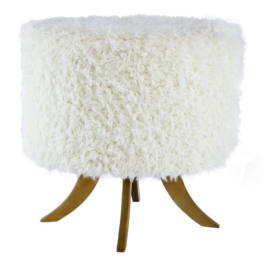 20 Inch Ottoman, Foam Filled, Shearling Fabric, Wood Frame, White, Brown By Casagear Home