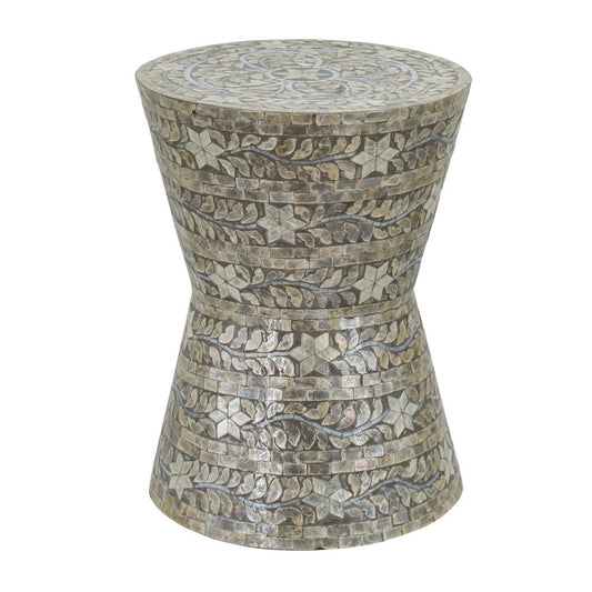 19 Inch Luxury Accent Table Stool, Star Foliage Pattern, Gray and Brown By Casagear Home