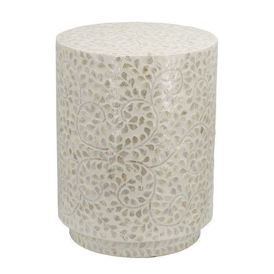 18 Inch Luxury Accent Table Stool, Foliage Star Pattern, Champagne White By Casagear Home