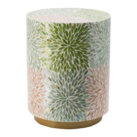 14 Inch Cylindrical Capiz Shell Accent Table Stool, Elegant Leaves Pattern By Casagear Home