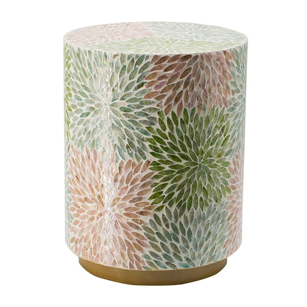 14 Inch Cylindrical Capiz Shell Accent Table Stool Elegant Leaves Pattern By Casagear Home BM284711