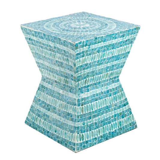 14 Inch Capiz Accent Table Stool, Blue Mosaic Geometric Hourglass Shape By Casagear Home