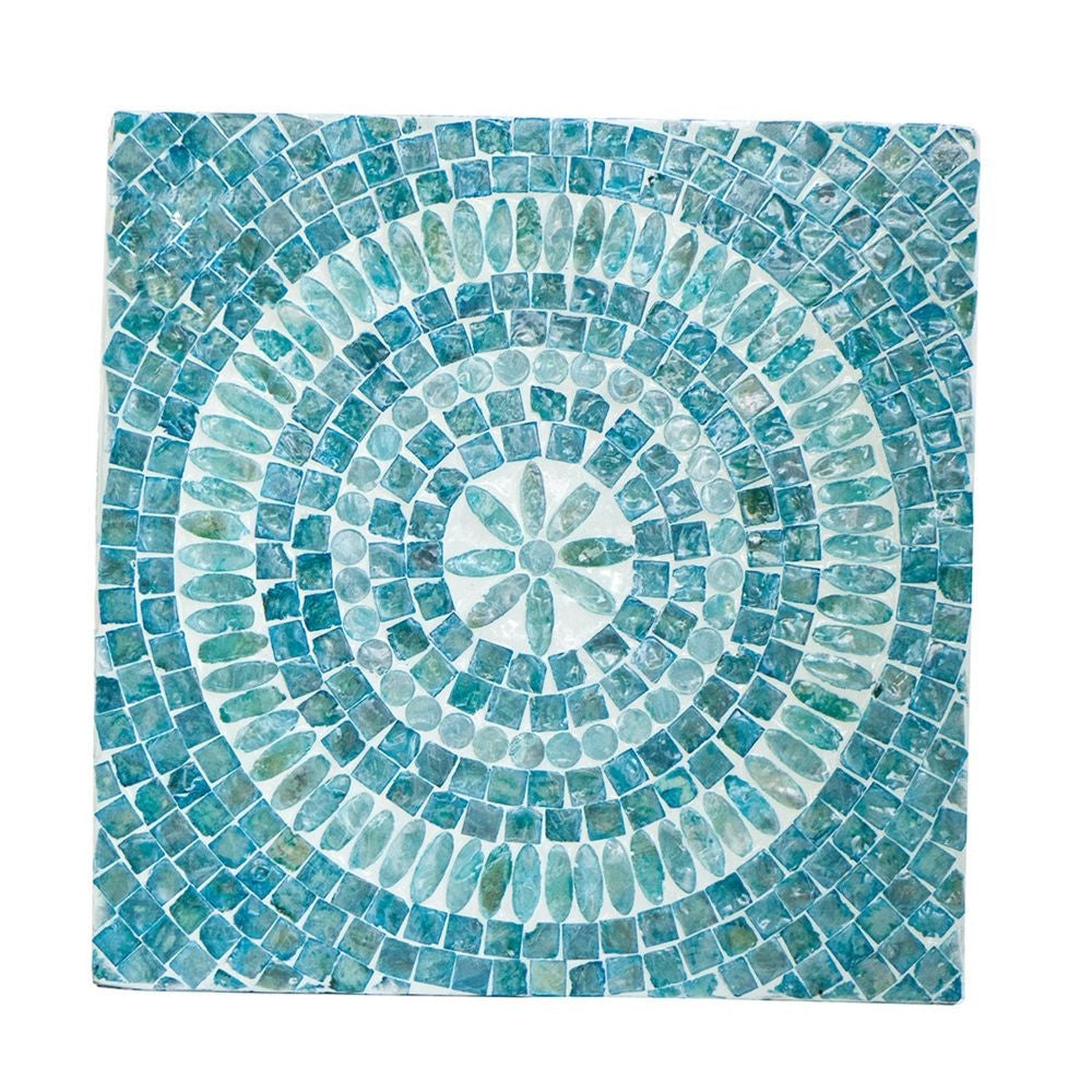14 Inch Capiz Accent Table Stool Blue Mosaic Geometric Hourglass Shape By Casagear Home BM284712