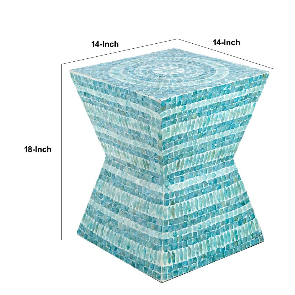 14 Inch Capiz Accent Table Stool Blue Mosaic Geometric Hourglass Shape By Casagear Home BM284712