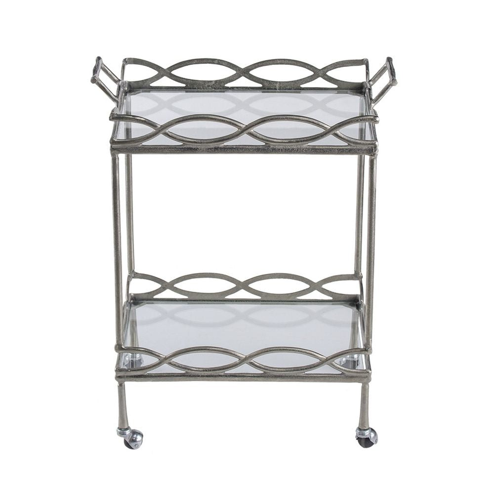 30 Inch Aluminum Bar Cart 2 Tier Glass Shelves Dynamic Accents Silver By Casagear Home BM284713