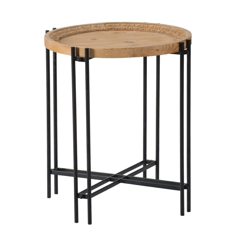 24 Inch Side Table, Modern, Round Tabletop, Carved Wood, Iron Frame, Brown By Casagear Home