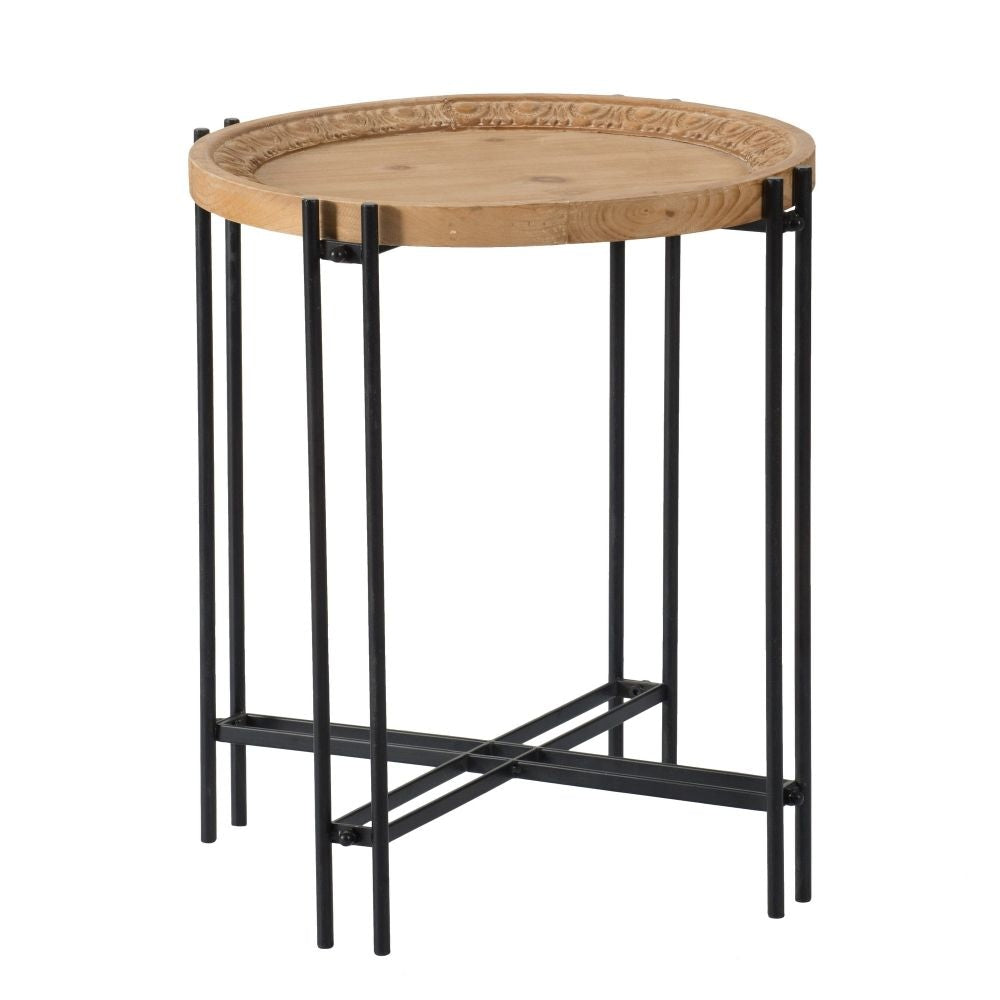 Side Table | 24" | Carved Wood Top | Iron Frame | Round | Brown