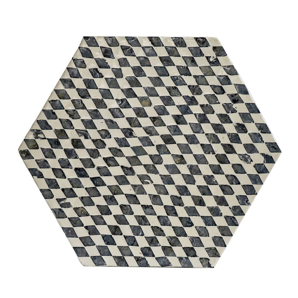 17 Inch Modern Hexagonal Table Stool Capiz Inlaid Platform White Black By Casagear Home BM284727