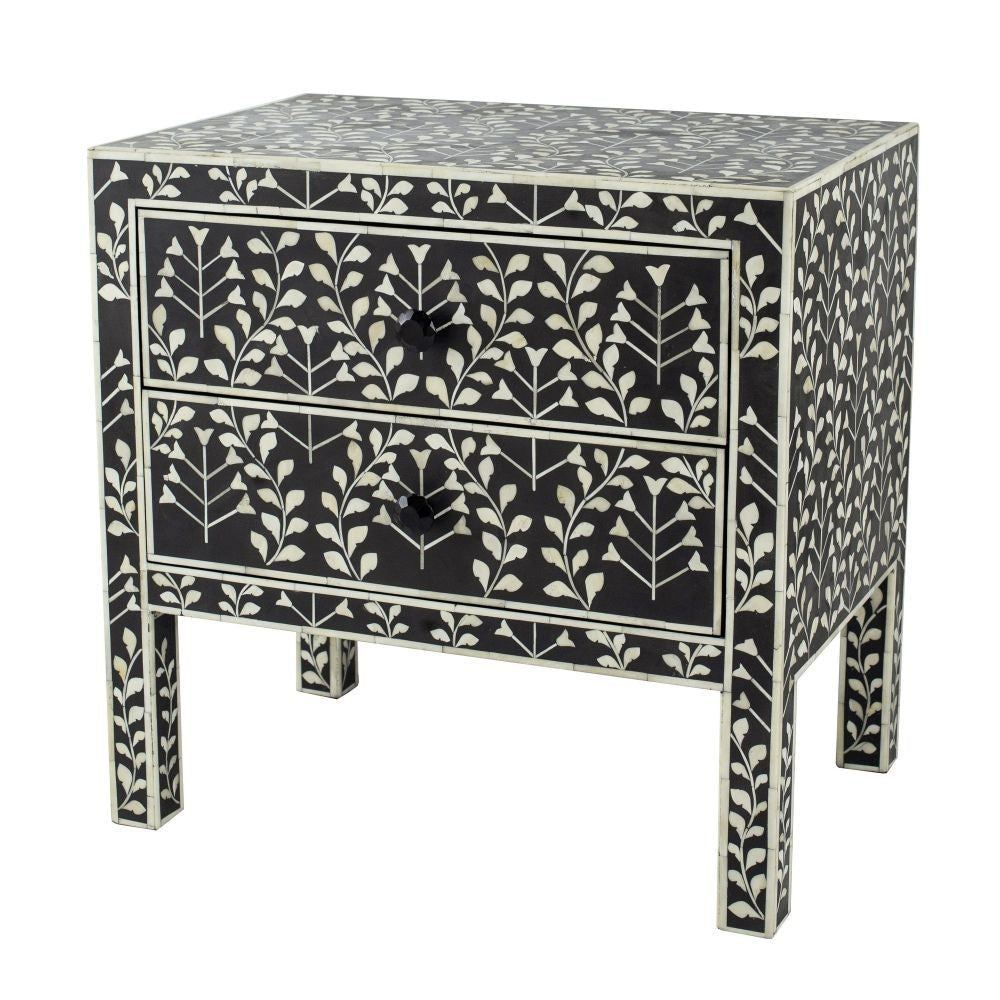 Storage Chest | 24" | 2 Drawers | Bone Inlay | Floral Pattern | Black