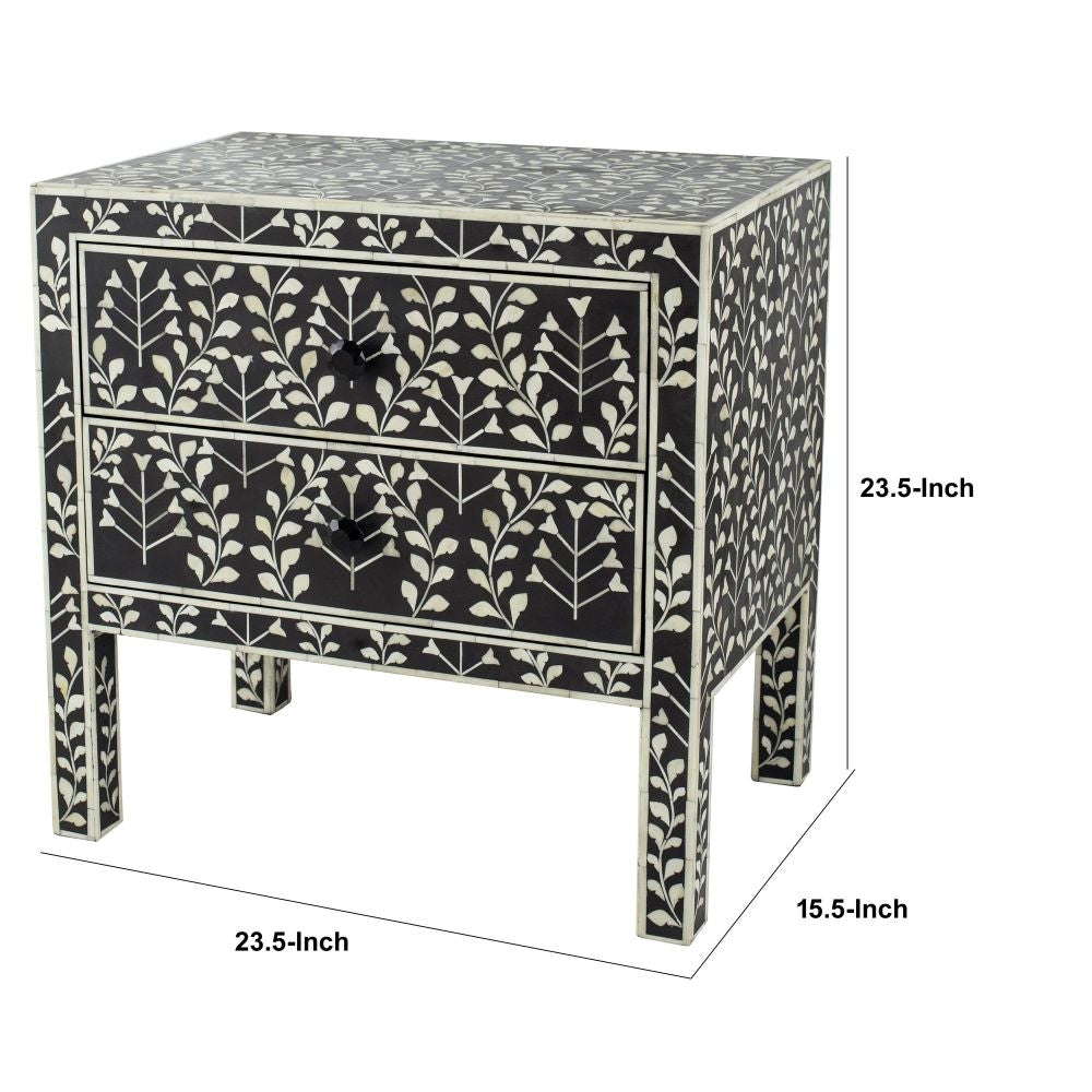 24 Inch Storage Chest 2 Drawers Bone Inlay Floral Pattern Modern Black By Casagear Home BM284744