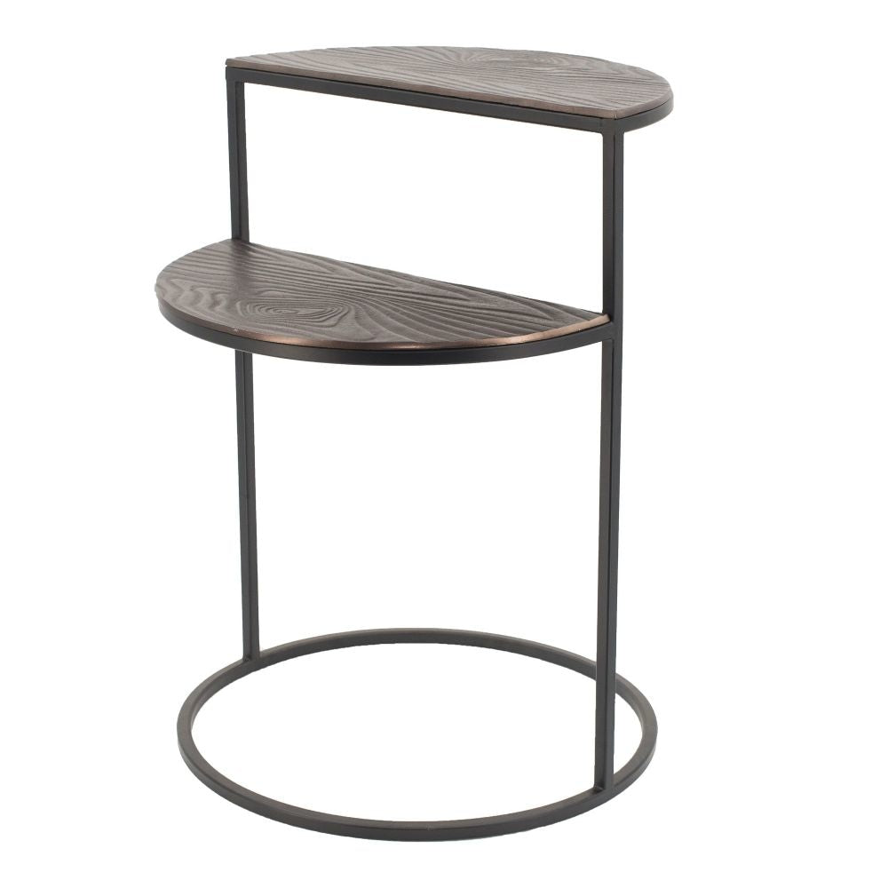 22 Inch Modern Metal Round Accent Table, 2 Half Circle Shelves, Wood, Brown By Casagear Home