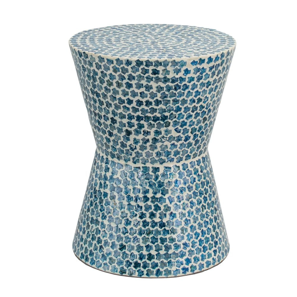 Ivy 20 Inch Luxury Accent Table Stool, Mosaic Tile Pattern, White, Blue By Casagear Home