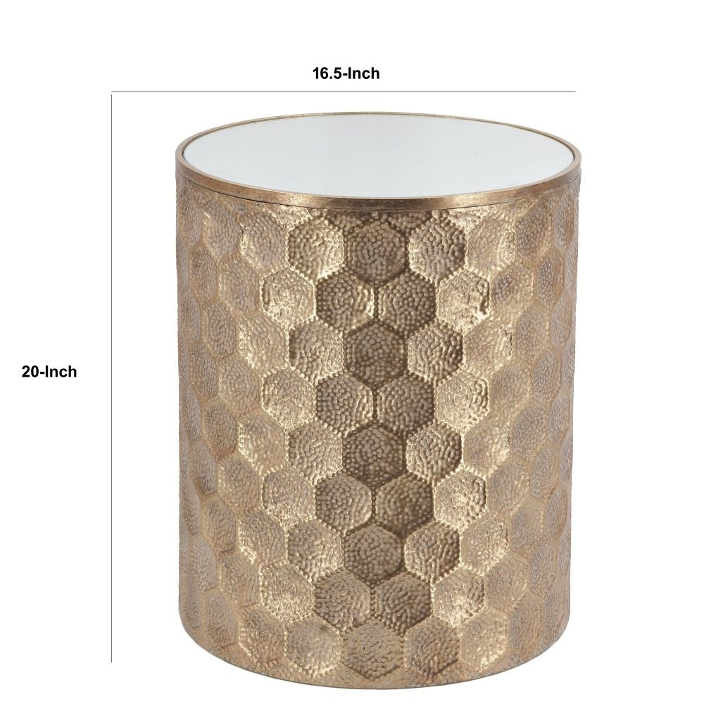 20 Inch Side Table Iron Top Mirrored Tabletop Hammered Texture Gold By Casagear Home BM284792