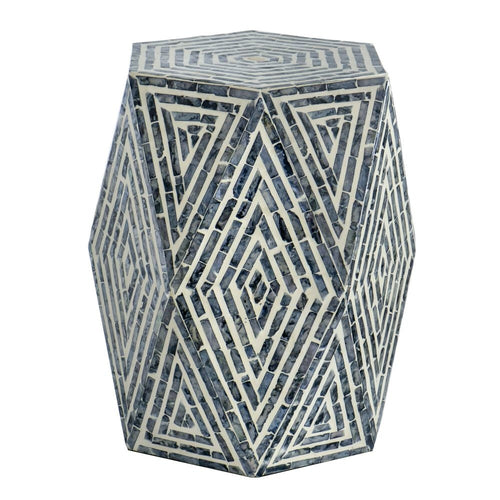 Accent Table Stool | 18" | Hexagonal | Diamond Design | Blue White