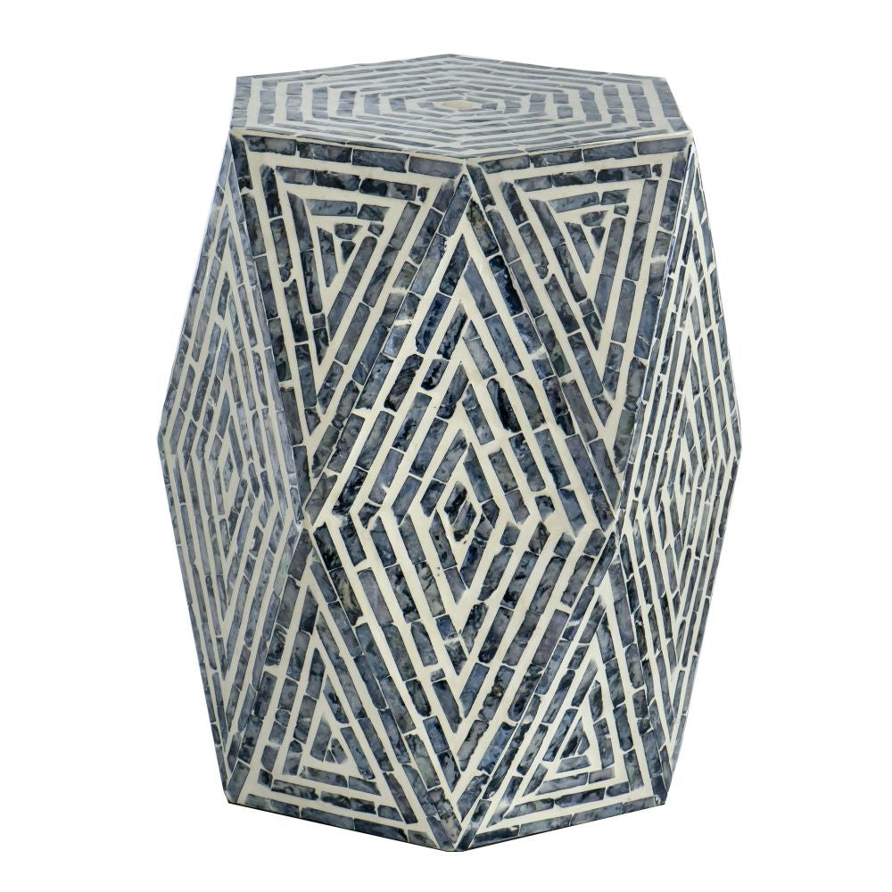 Accent Table Stool | 18" | Hexagonal | Diamond Design | Blue White