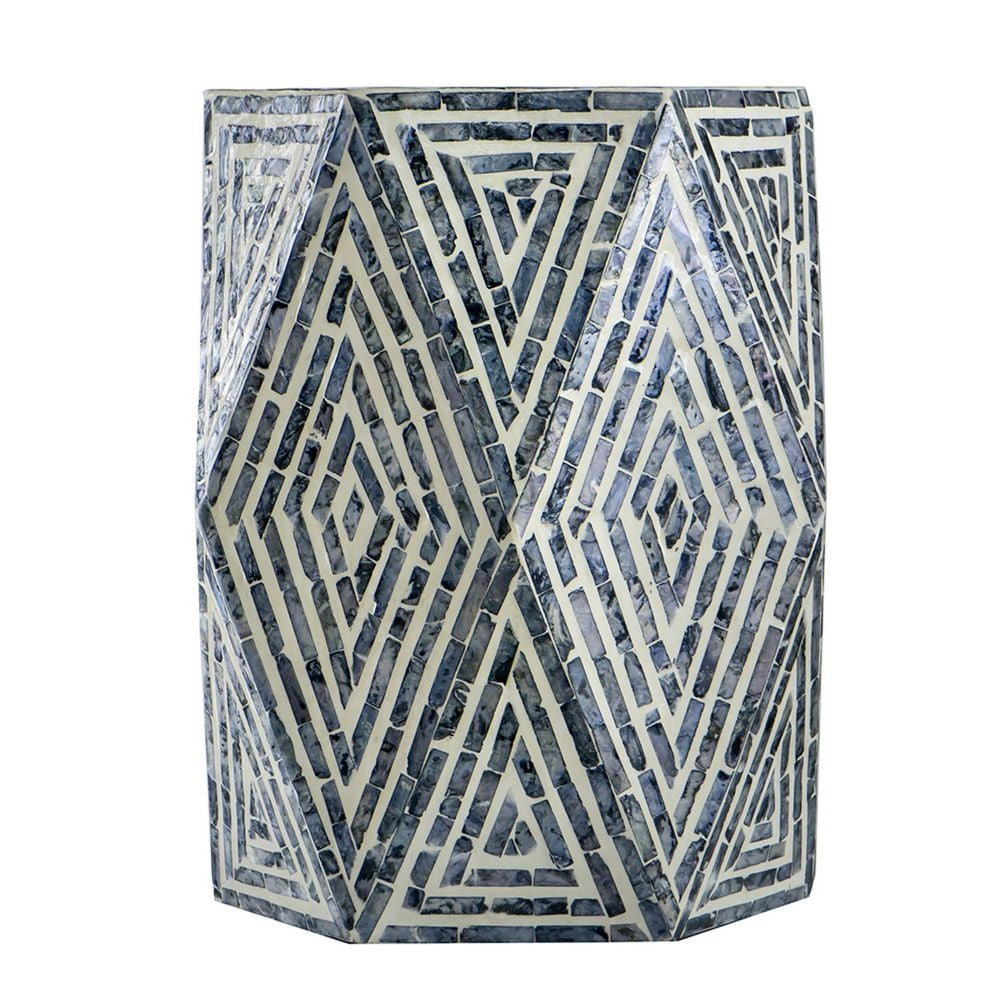 18 Inch Accent Table Stool Hexagonal Design Diamond Pattern Blue White By Casagear Home BM284799