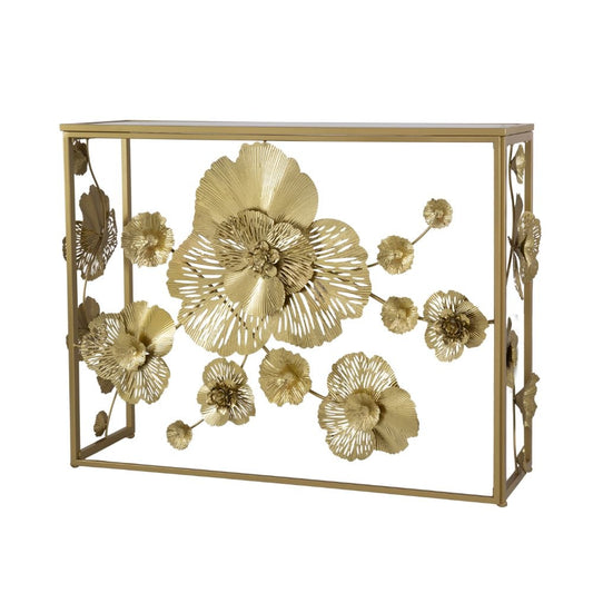 39 Inch Mirrored Top Console Table, Elegant Floral Design, Iron, Matte Gold By Casagear Home