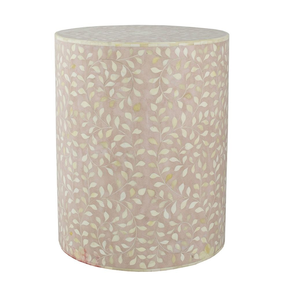 20 Inch Round Side End Table Filigree Bone Inlay Wood Pale Pink White By Casagear Home BM284807
