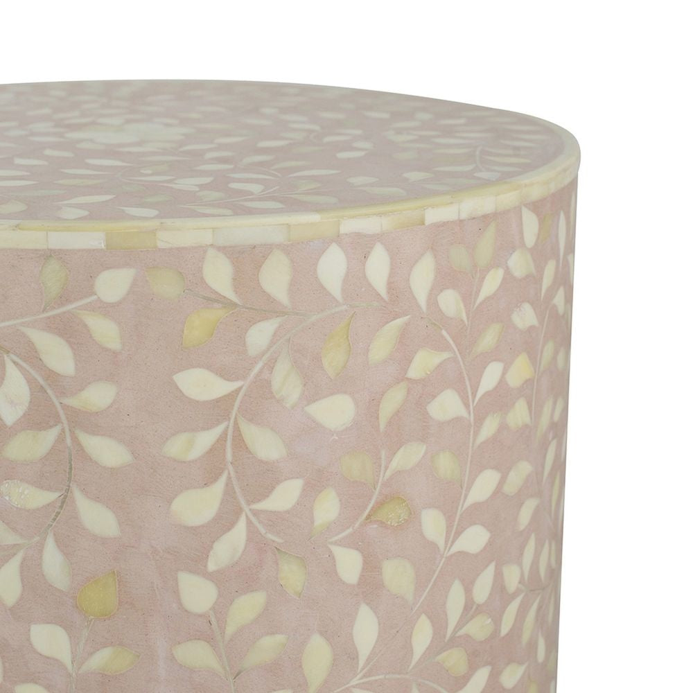 20 Inch Round Side End Table Filigree Bone Inlay Wood Pale Pink White By Casagear Home BM284807