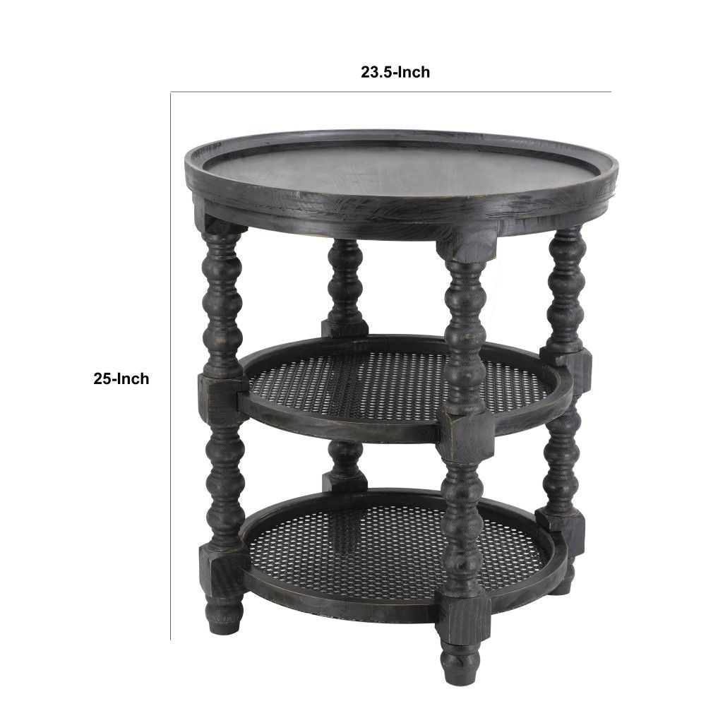 Jake 25 Inch 3 Tier Side Table Fir Wood 2 Woven Wicker Shelves Black By Casagear Home BM284814