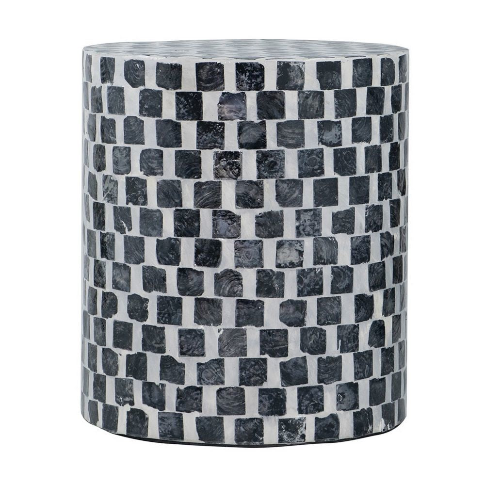 16 Inch Accent Stool Table Drum Shape Wood With Mosaic White Black By Casagear Home BM284921