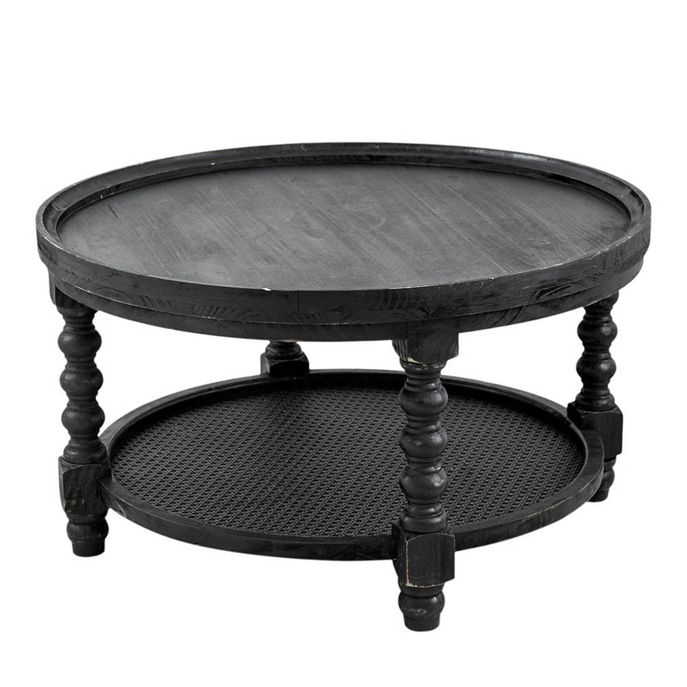 Jake 30 Inch Coffee Table Fir Wood Lower Tier Woven Wicker Shelf Black By Casagear Home BM284922