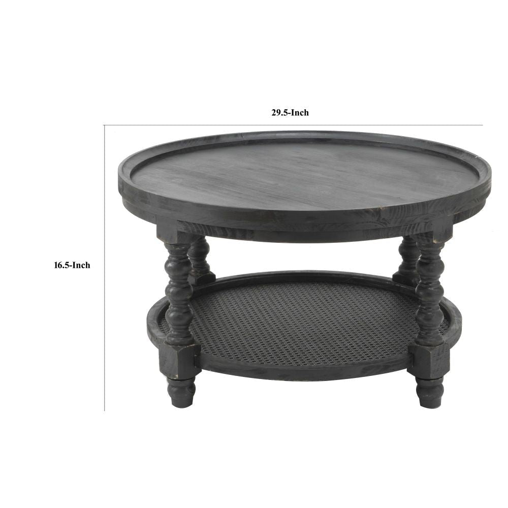 Jake 30 Inch Coffee Table Fir Wood Lower Tier Woven Wicker Shelf Black By Casagear Home BM284922