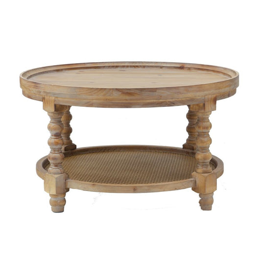 Jake 30 Inch Coffee Table, Fir Wood, Lower Tier Woven Wicker Shelf, Brown By Casagear Home