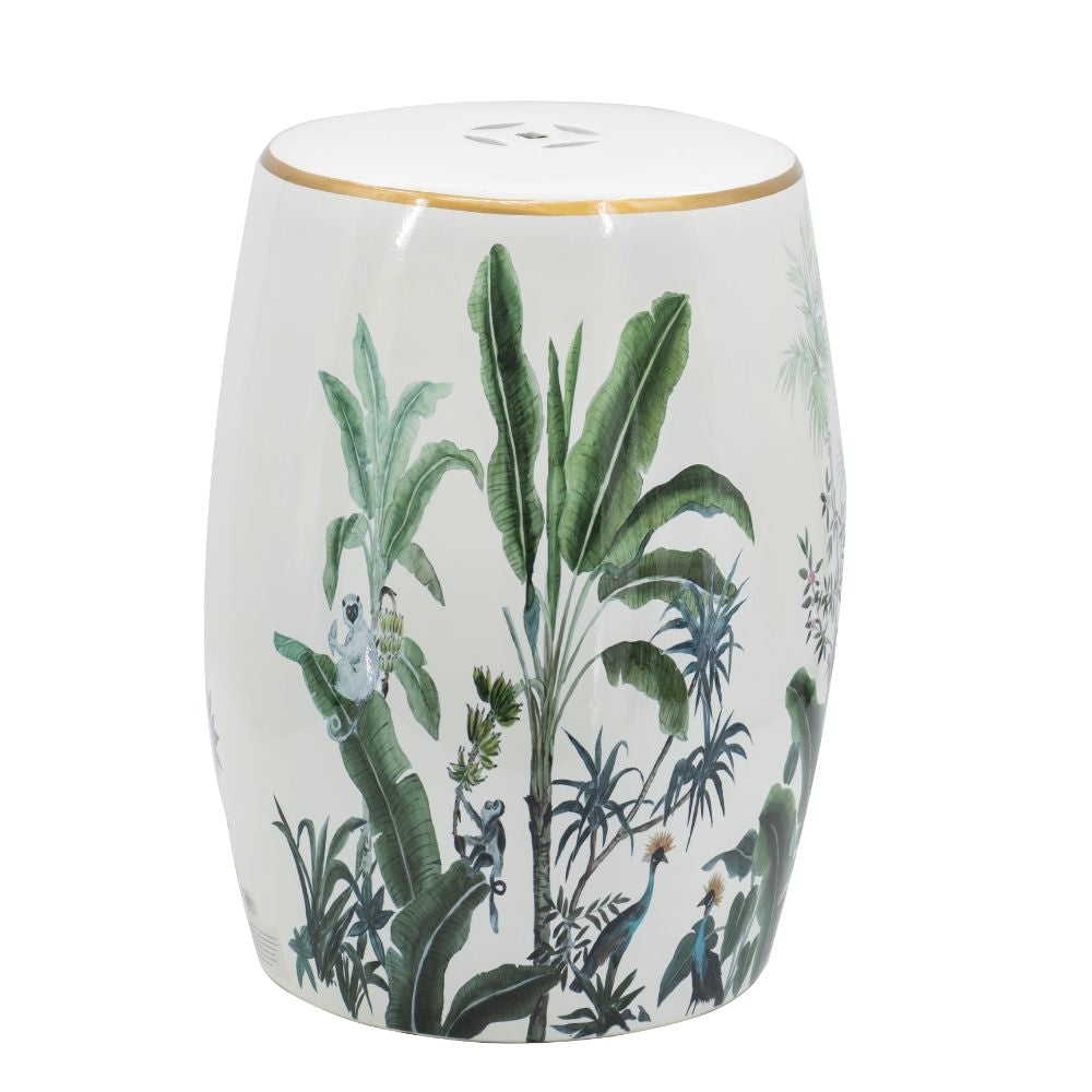 Ceramic Accent Table | 18" | Drum Shape | Tropical Leaves | White Green
