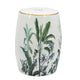 Ceramic Accent Table | 18" | Drum Shape | Tropical Leaves | White Green