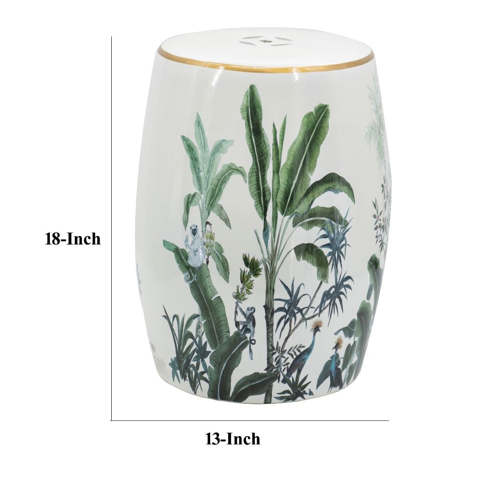 18 Inch Ceramic Accent Table Drum Shape Tropical Leaves Print White Green By Casagear Home BM284924