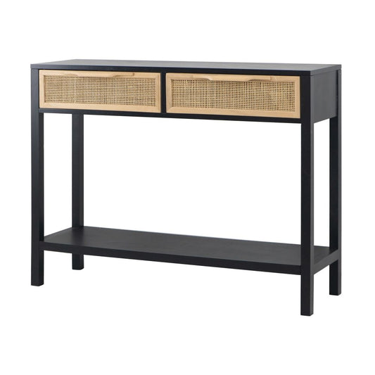 Dana 39 Inch Sofa Console Table, 2 Rattan Drawers, Black Finish, Brown By Casagear Home